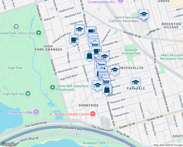 map of restaurants, bars, coffee shops, grocery stores, and more near 7 High Park Boulevard in Toronto
