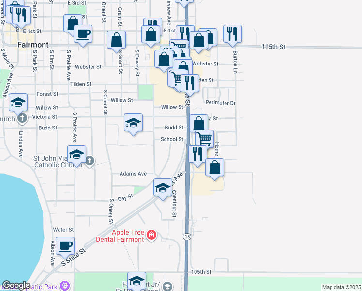 map of restaurants, bars, coffee shops, grocery stores, and more near 914 South State Street in Fairmont
