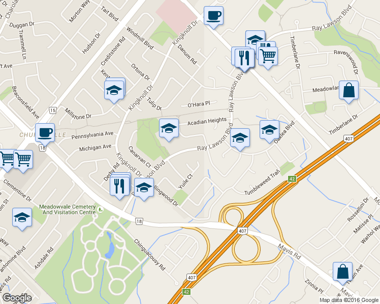 map of restaurants, bars, coffee shops, grocery stores, and more near 593 Ray Lawson Boulevard in Brampton