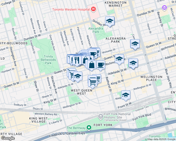 map of restaurants, bars, coffee shops, grocery stores, and more near in Toronto