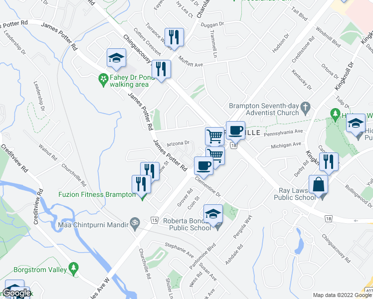map of restaurants, bars, coffee shops, grocery stores, and more near Urbana Road in Brampton