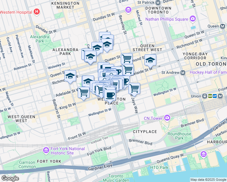 map of restaurants, bars, coffee shops, grocery stores, and more near 439 King Street West in Toronto