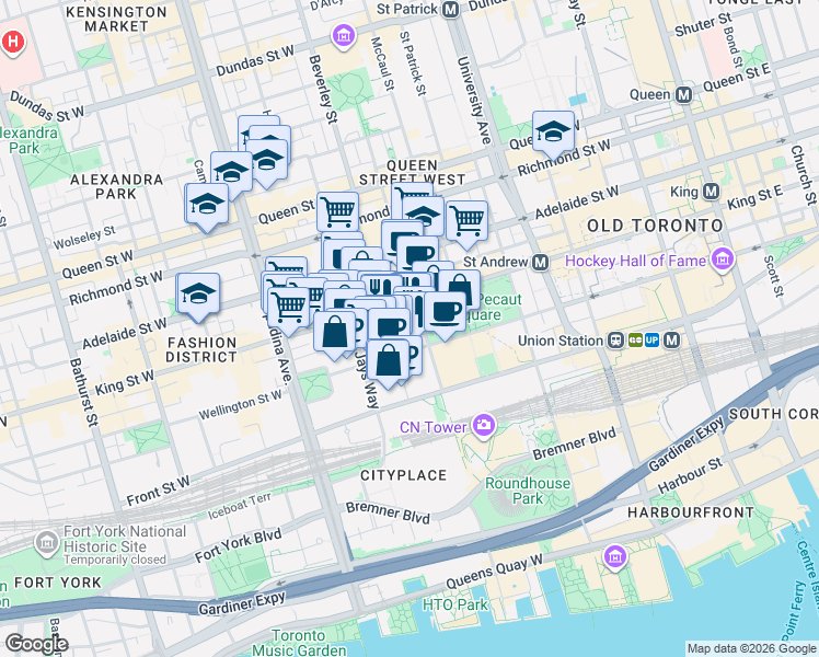map of restaurants, bars, coffee shops, grocery stores, and more near 7 Mercer Street in Toronto