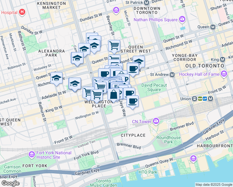 map of restaurants, bars, coffee shops, grocery stores, and more near 357 King Street West in Toronto