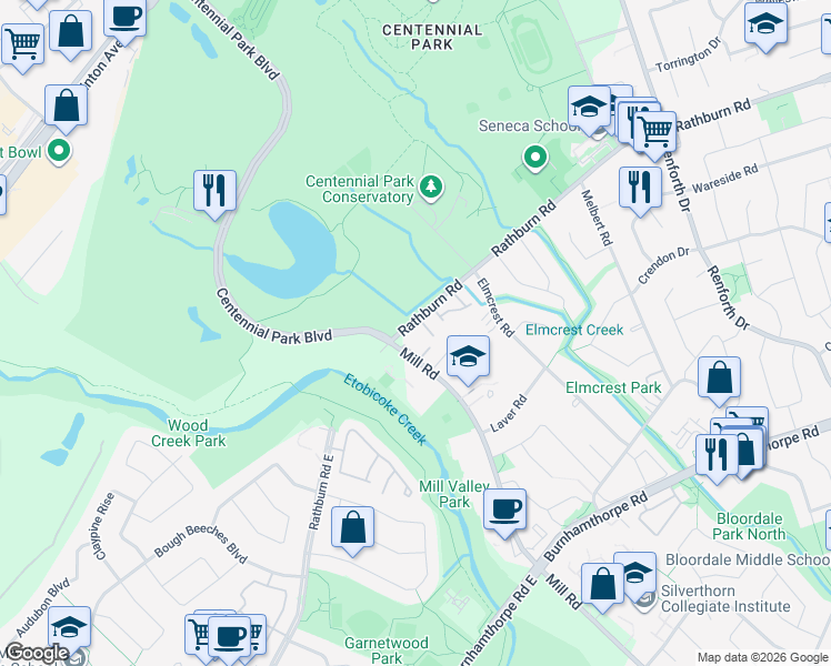 map of restaurants, bars, coffee shops, grocery stores, and more near in Toronto