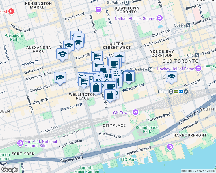 map of restaurants, bars, coffee shops, grocery stores, and more near 36 Mercer Street in Toronto