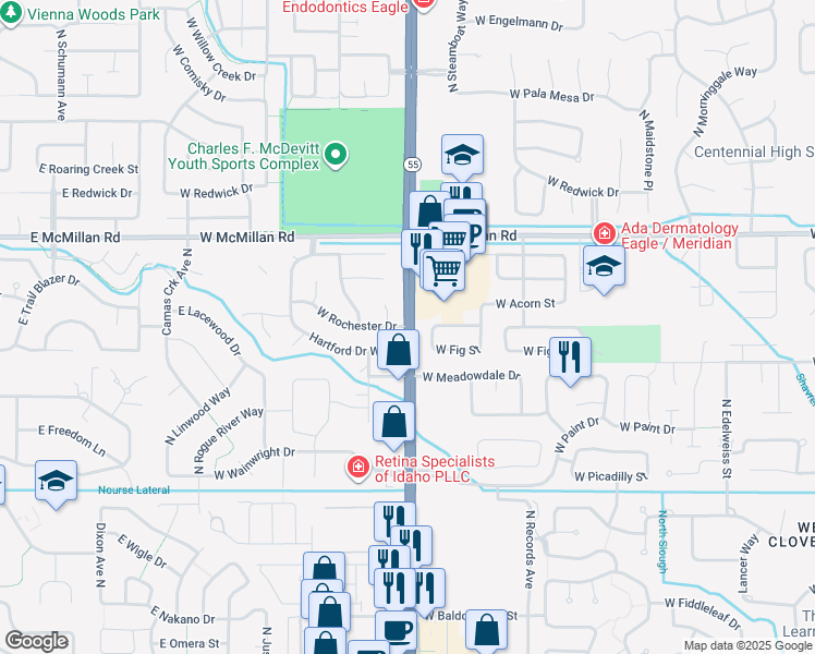 map of restaurants, bars, coffee shops, grocery stores, and more near 4595 North Eagle Road in Boise