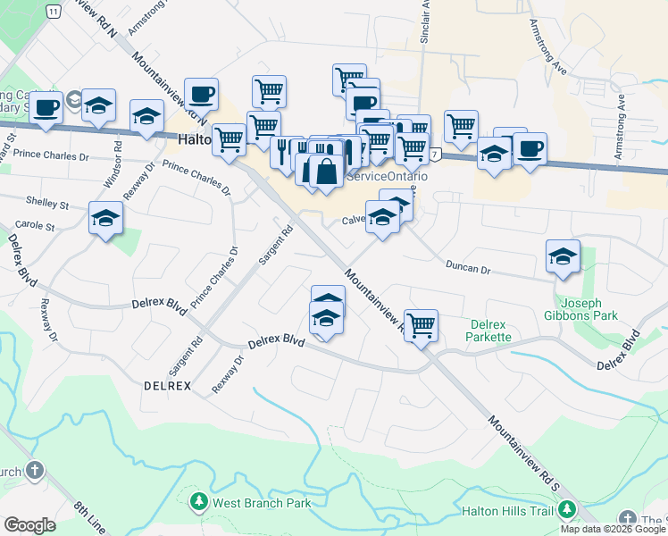 map of restaurants, bars, coffee shops, grocery stores, and more near 74 Mountainview Road South in Halton Hills