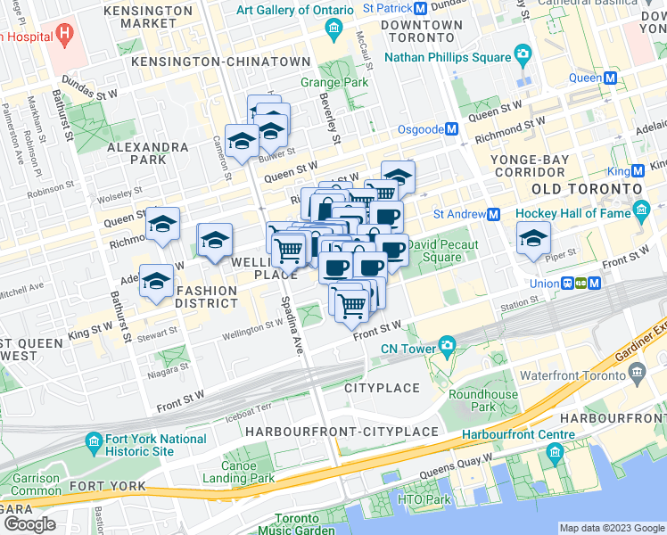 map of restaurants, bars, coffee shops, grocery stores, and more near in Toronto
