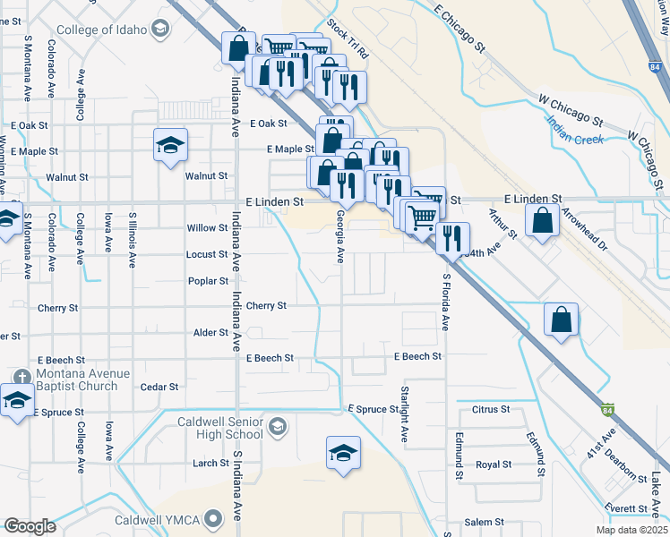 map of restaurants, bars, coffee shops, grocery stores, and more near 2804 South Georgia Avenue in Caldwell