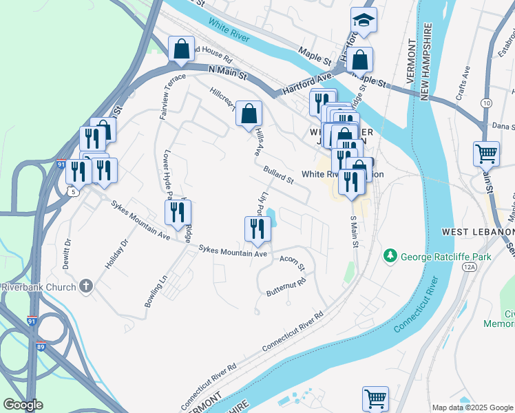 map of restaurants, bars, coffee shops, grocery stores, and more near 117 Wentworth Way in Hartford
