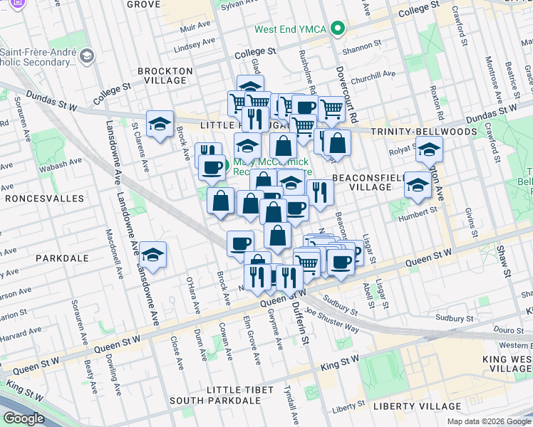 map of restaurants, bars, coffee shops, grocery stores, and more near 450 Dufferin Street in Toronto