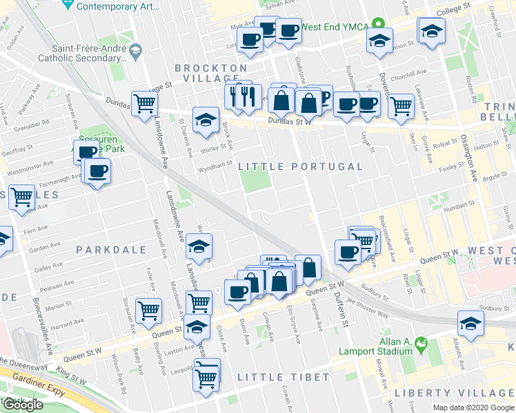 map of restaurants, bars, coffee shops, grocery stores, and more near in Toronto