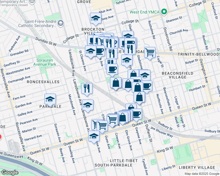 map of restaurants, bars, coffee shops, grocery stores, and more near in Toronto