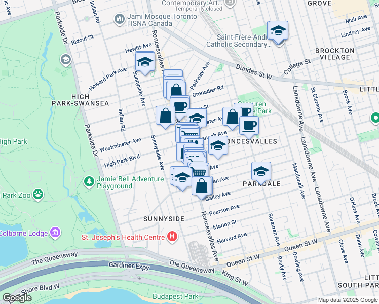 map of restaurants, bars, coffee shops, grocery stores, and more near in Toronto