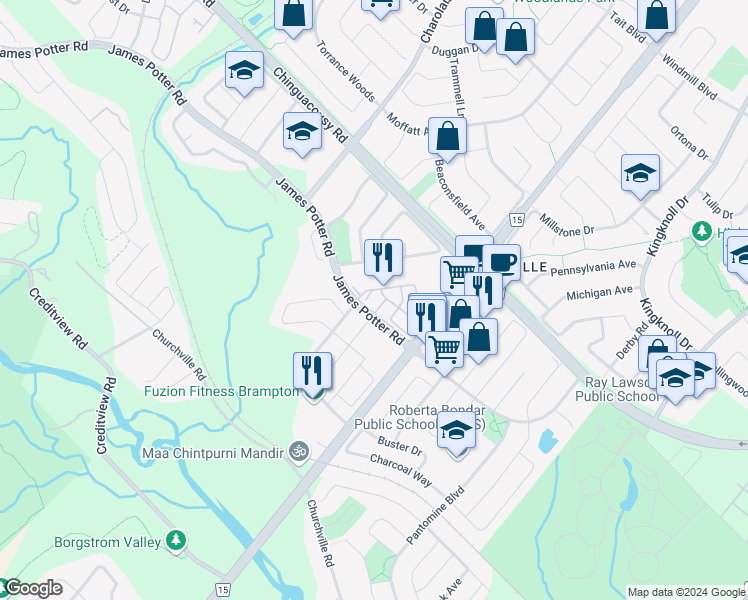 map of restaurants, bars, coffee shops, grocery stores, and more near in Brampton