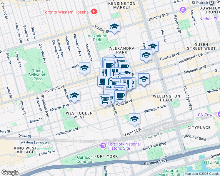 map of restaurants, bars, coffee shops, grocery stores, and more near 135 Bathurst Street in Toronto