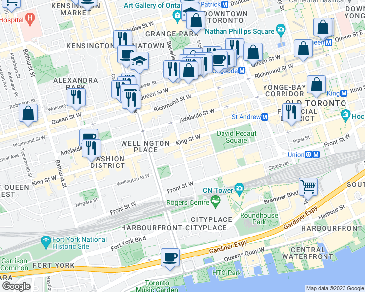 map of restaurants, bars, coffee shops, grocery stores, and more near in Toronto