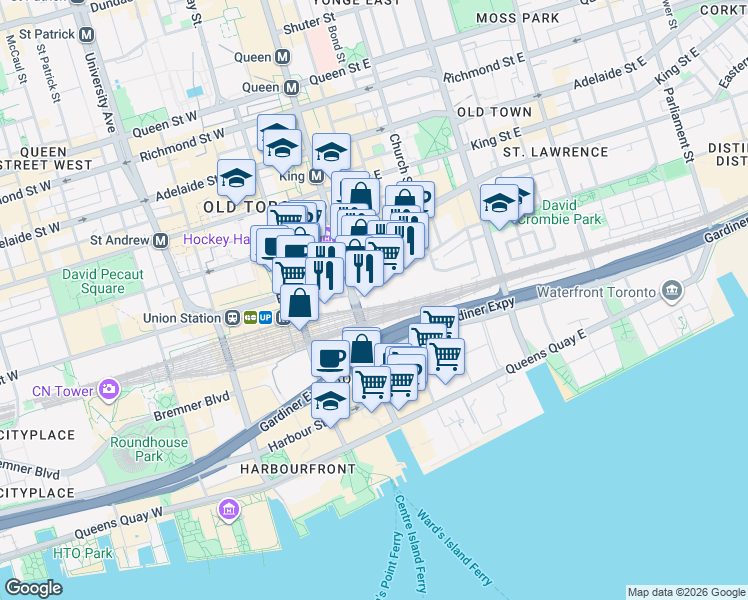 map of restaurants, bars, coffee shops, grocery stores, and more near 1 The Esplanade in Toronto