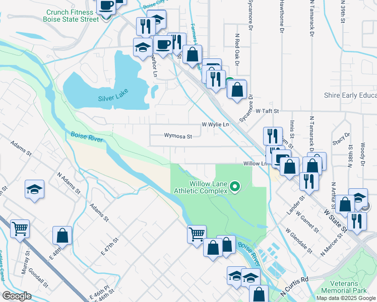 map of restaurants, bars, coffee shops, grocery stores, and more near 4936 Willow Lane in Boise