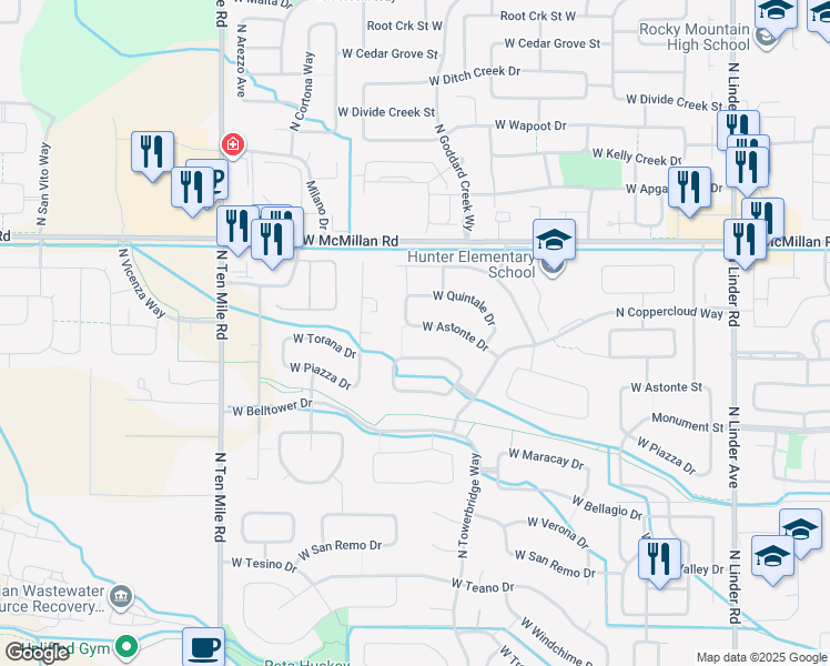 map of restaurants, bars, coffee shops, grocery stores, and more near 2571 West Astonte Drive in Meridian