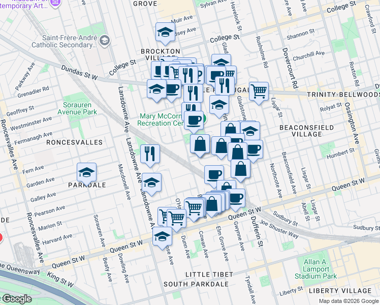 map of restaurants, bars, coffee shops, grocery stores, and more near 131 Brock Avenue in Toronto
