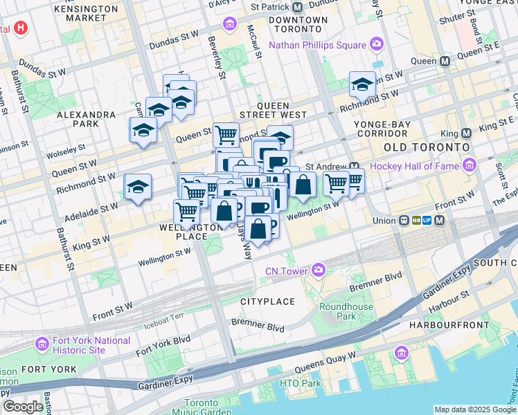 map of restaurants, bars, coffee shops, grocery stores, and more near in Toronto