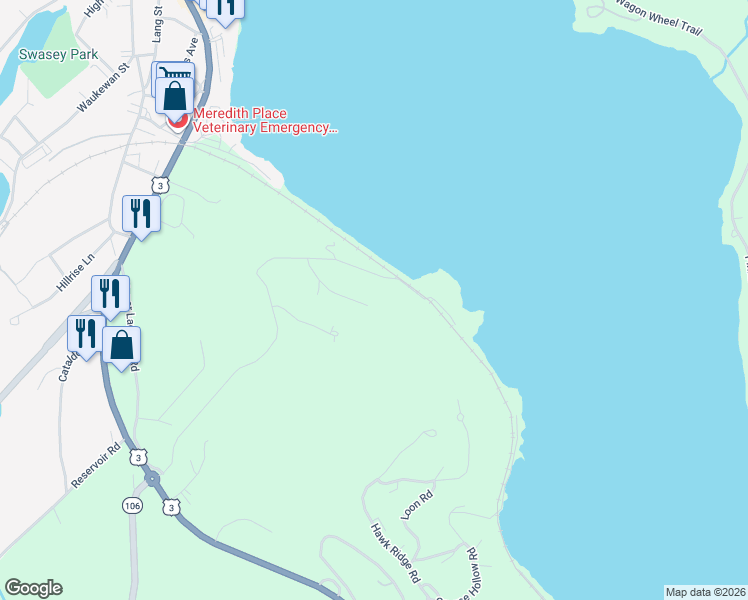 map of restaurants, bars, coffee shops, grocery stores, and more near 17 Bay Ridge Drive in Meredith