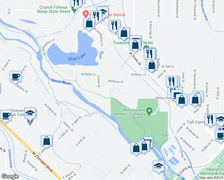 map of restaurants, bars, coffee shops, grocery stores, and more near 2777 North Macondray Lane in Boise