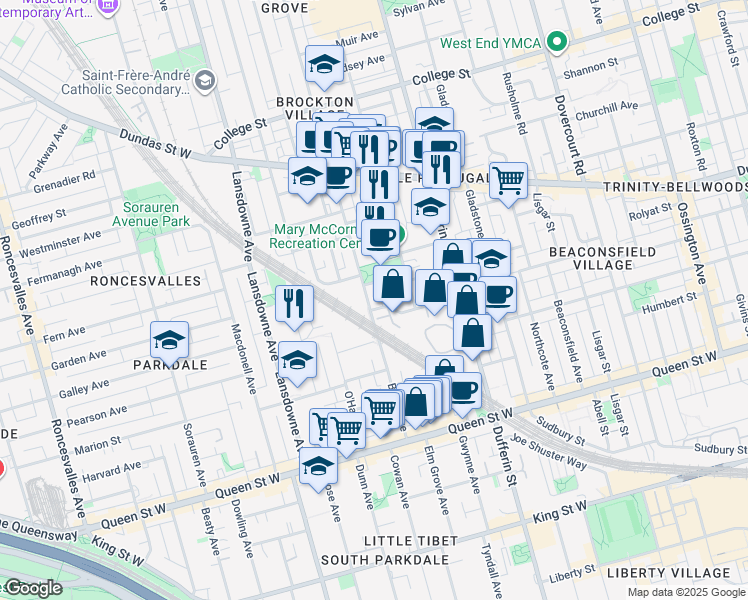 map of restaurants, bars, coffee shops, grocery stores, and more near 131 Brock Avenue in Toronto
