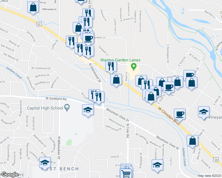 map of restaurants, bars, coffee shops, grocery stores, and more near 5425 East Chinden Boulevard in Garden City