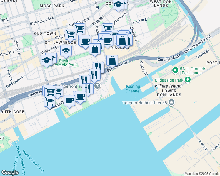 map of restaurants, bars, coffee shops, grocery stores, and more near 333 Lake Shore Boulevard East in Toronto