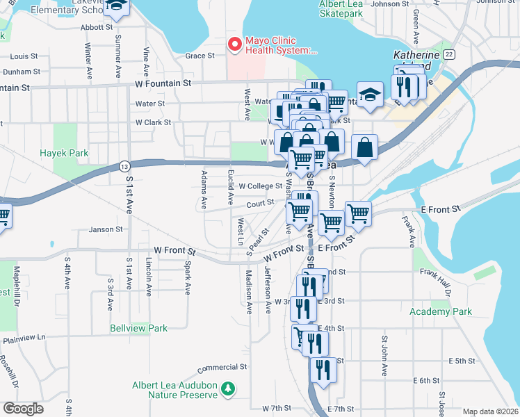 map of restaurants, bars, coffee shops, grocery stores, and more near 509 Triangle Drive in Albert Lea