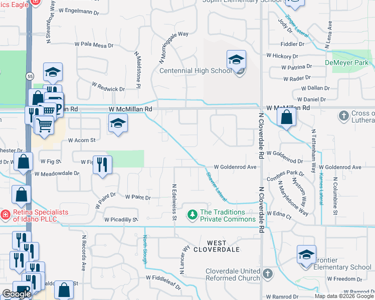 map of restaurants, bars, coffee shops, grocery stores, and more near 12641 West Audi Court in Boise