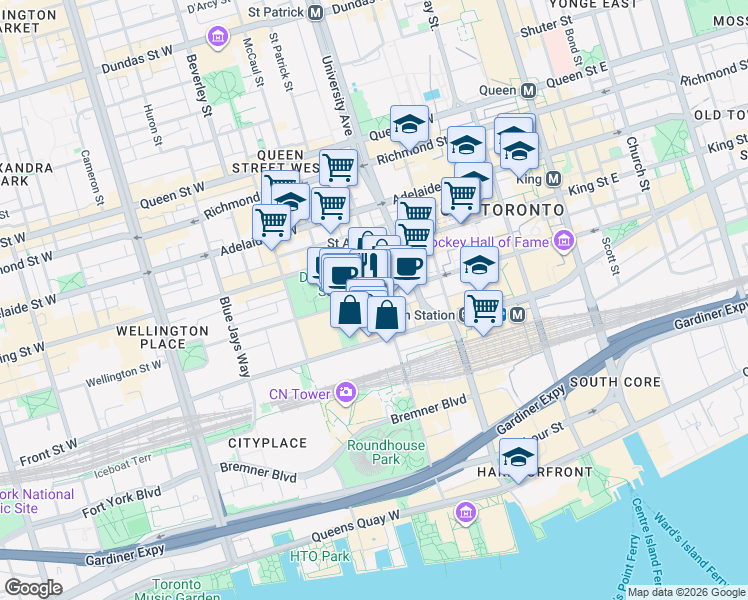 map of restaurants, bars, coffee shops, grocery stores, and more near 155 Wellington Street West in Toronto