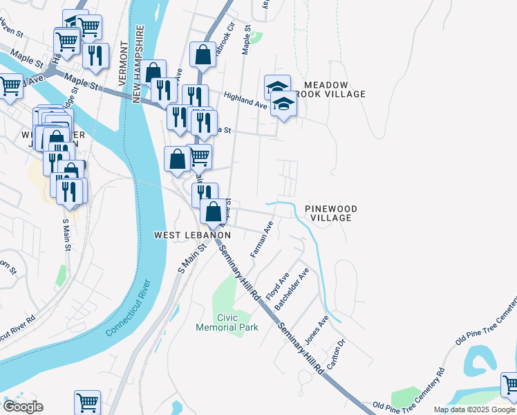 map of restaurants, bars, coffee shops, grocery stores, and more near 15 Pleasant Street in Lebanon