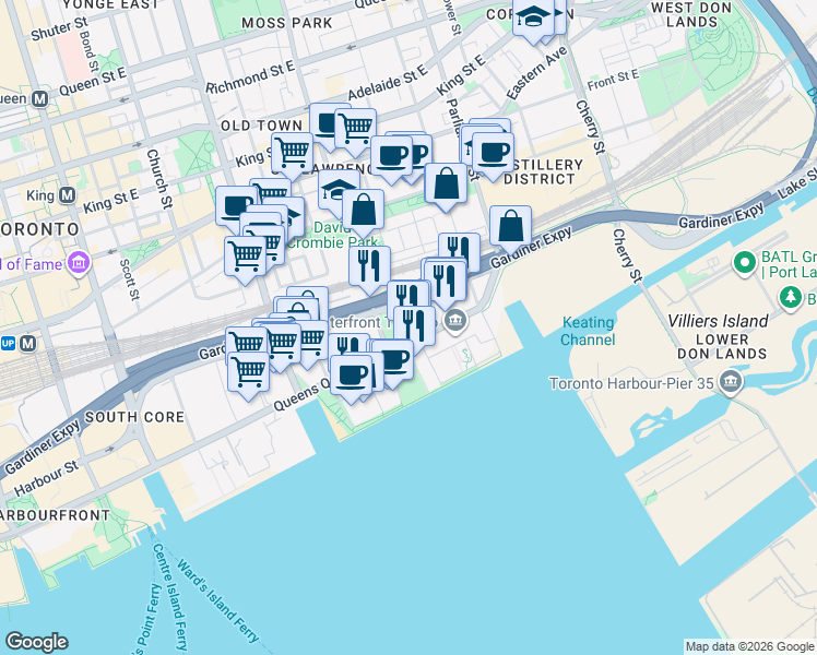 map of restaurants, bars, coffee shops, grocery stores, and more near 12 Bonnycastle Street in Toronto