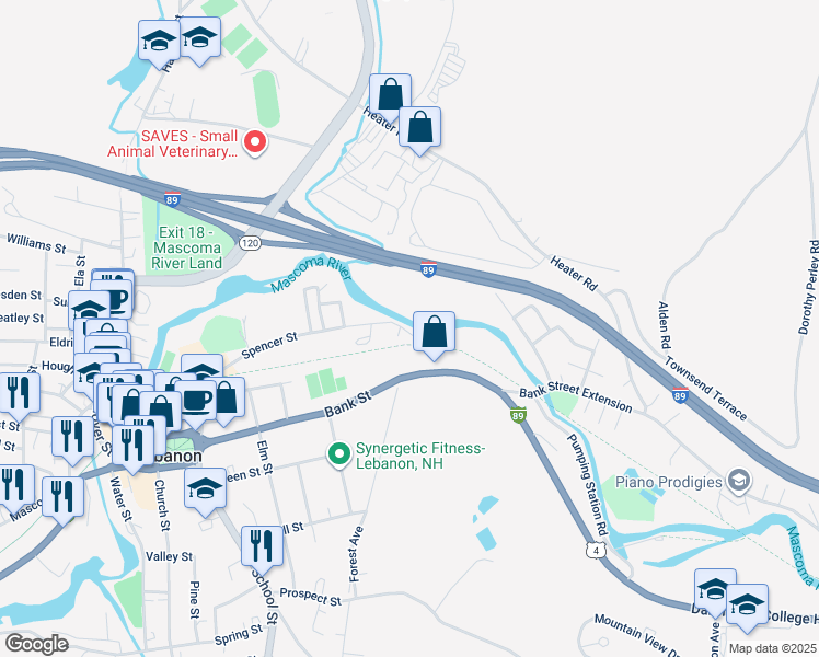 map of restaurants, bars, coffee shops, grocery stores, and more near 75 Spencer Street in Lebanon