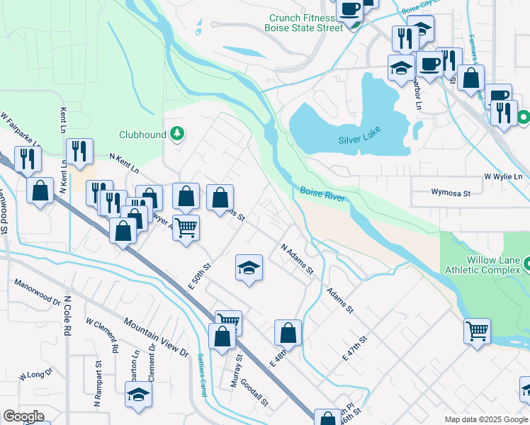 map of restaurants, bars, coffee shops, grocery stores, and more near 406 East 49th Street in Boise