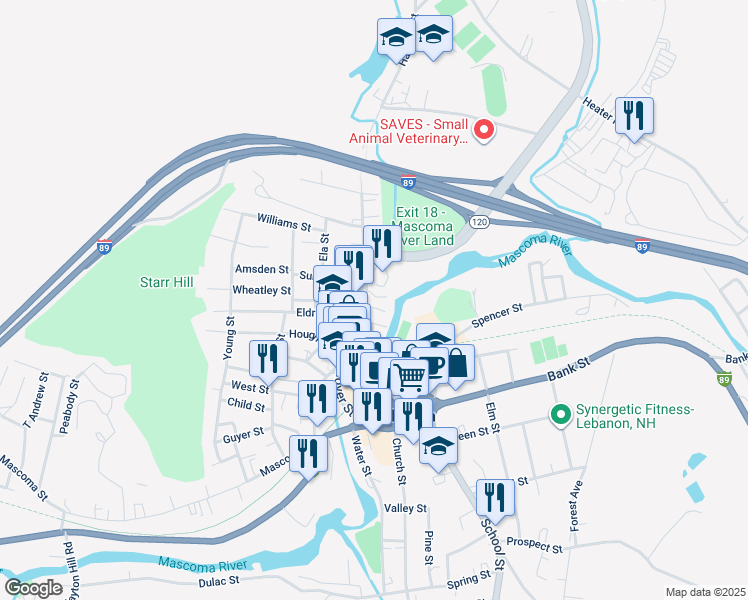 map of restaurants, bars, coffee shops, grocery stores, and more near 87 New Hampshire 120 in Lebanon