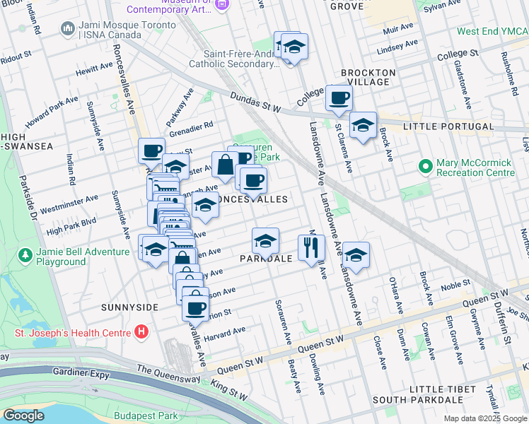 map of restaurants, bars, coffee shops, grocery stores, and more near in Toronto