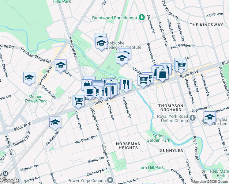 map of restaurants, bars, coffee shops, grocery stores, and more near 3313A Bloor Street West in Toronto
