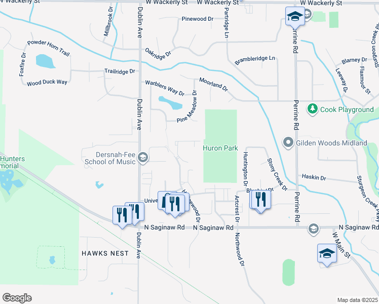 map of restaurants, bars, coffee shops, grocery stores, and more near 5222 Hedgewood Drive in Midland