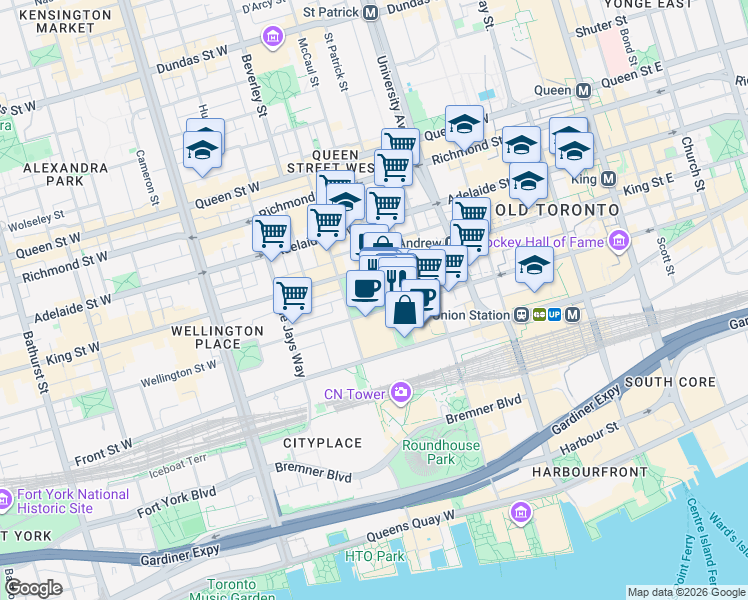map of restaurants, bars, coffee shops, grocery stores, and more near  in Toronto