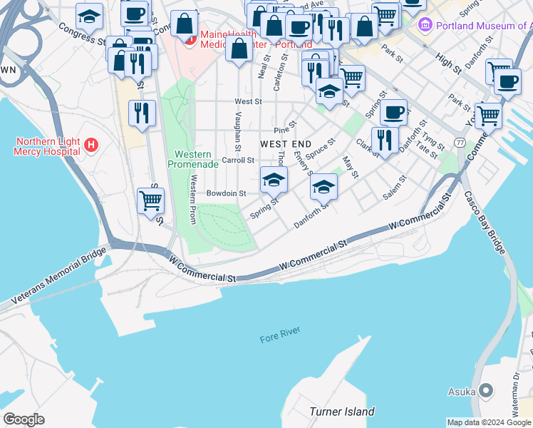 map of restaurants, bars, coffee shops, grocery stores, and more near 374 Spring Street in Portland
