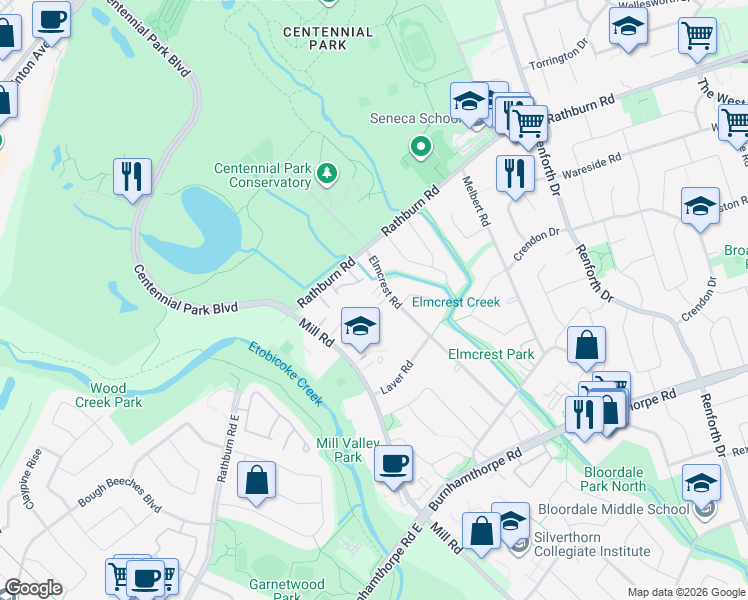 map of restaurants, bars, coffee shops, grocery stores, and more near 31 Pebble Valley Lane in Toronto