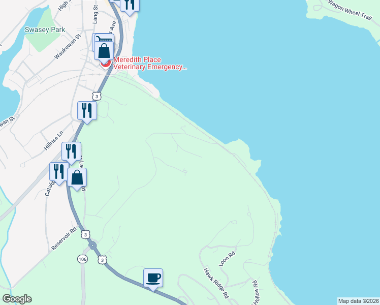 map of restaurants, bars, coffee shops, grocery stores, and more near 17 Bay Ridge Drive in Meredith