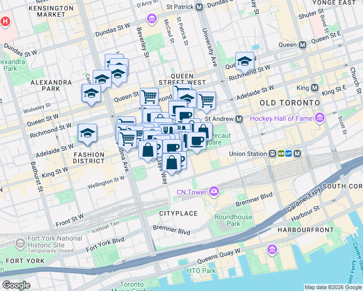 map of restaurants, bars, coffee shops, grocery stores, and more near 8 Mercer Street in Toronto