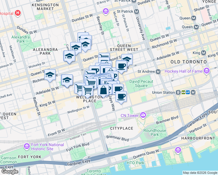 map of restaurants, bars, coffee shops, grocery stores, and more near 125 Blue Jays Way in Toronto
