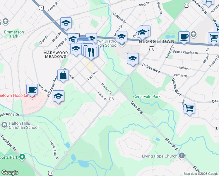 map of restaurants, bars, coffee shops, grocery stores, and more near 23 Market Street in Halton Hills